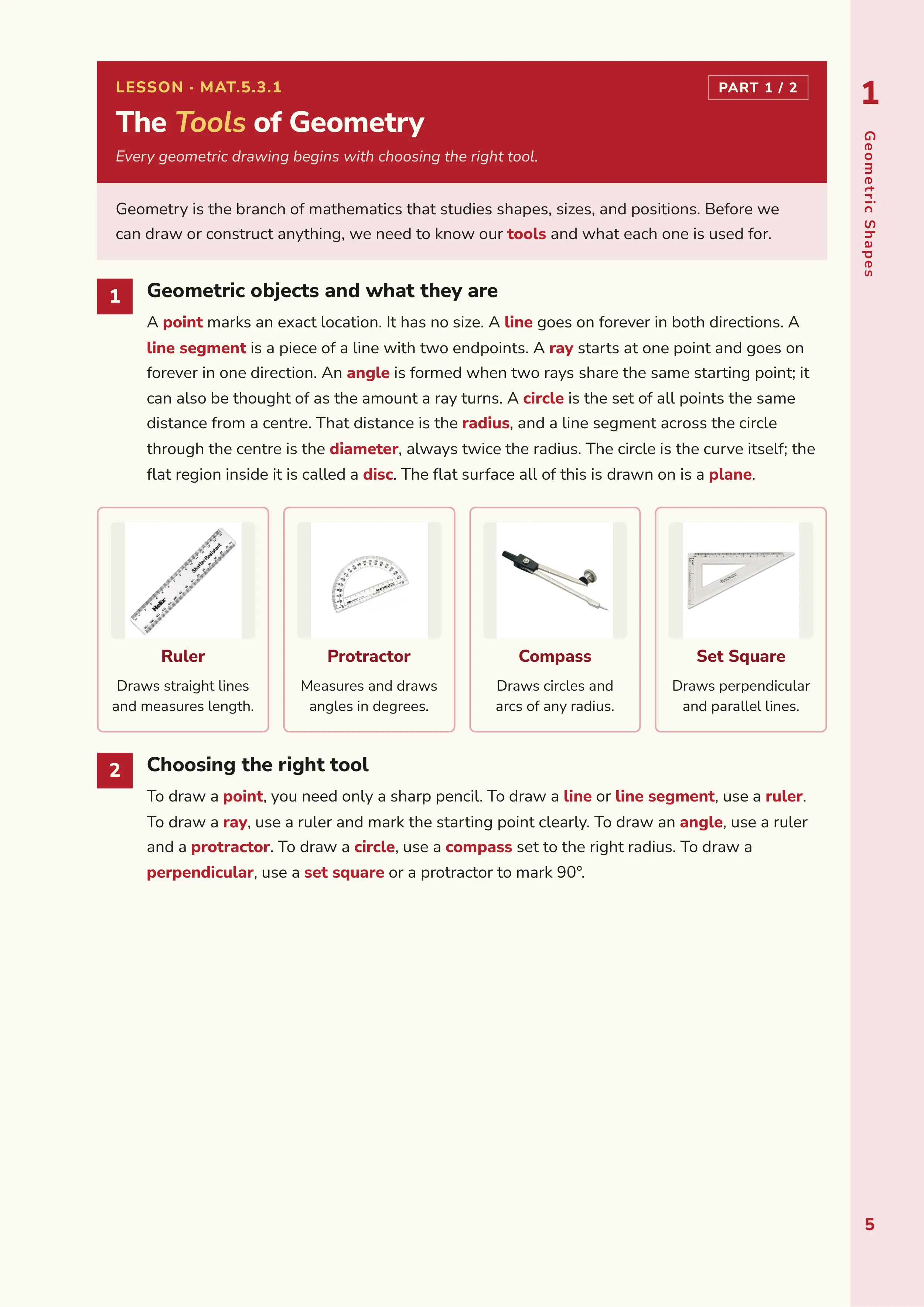 Lesson page on the tools of geometry with photographs of a ruler, protractor, compass and set square.