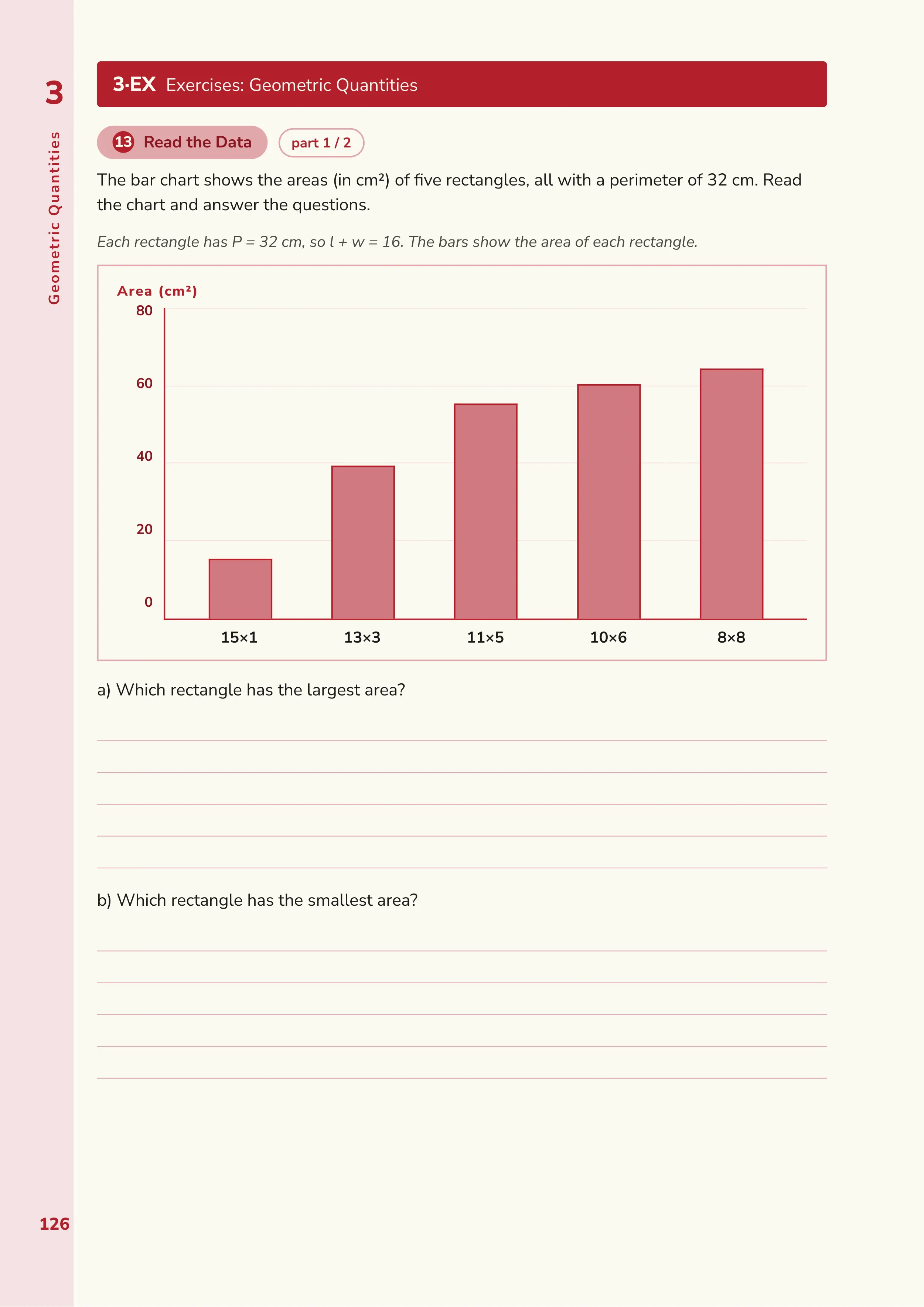 Exercise page asking pupils to read a bar chart of rectangle areas and answer questions with writing lines.