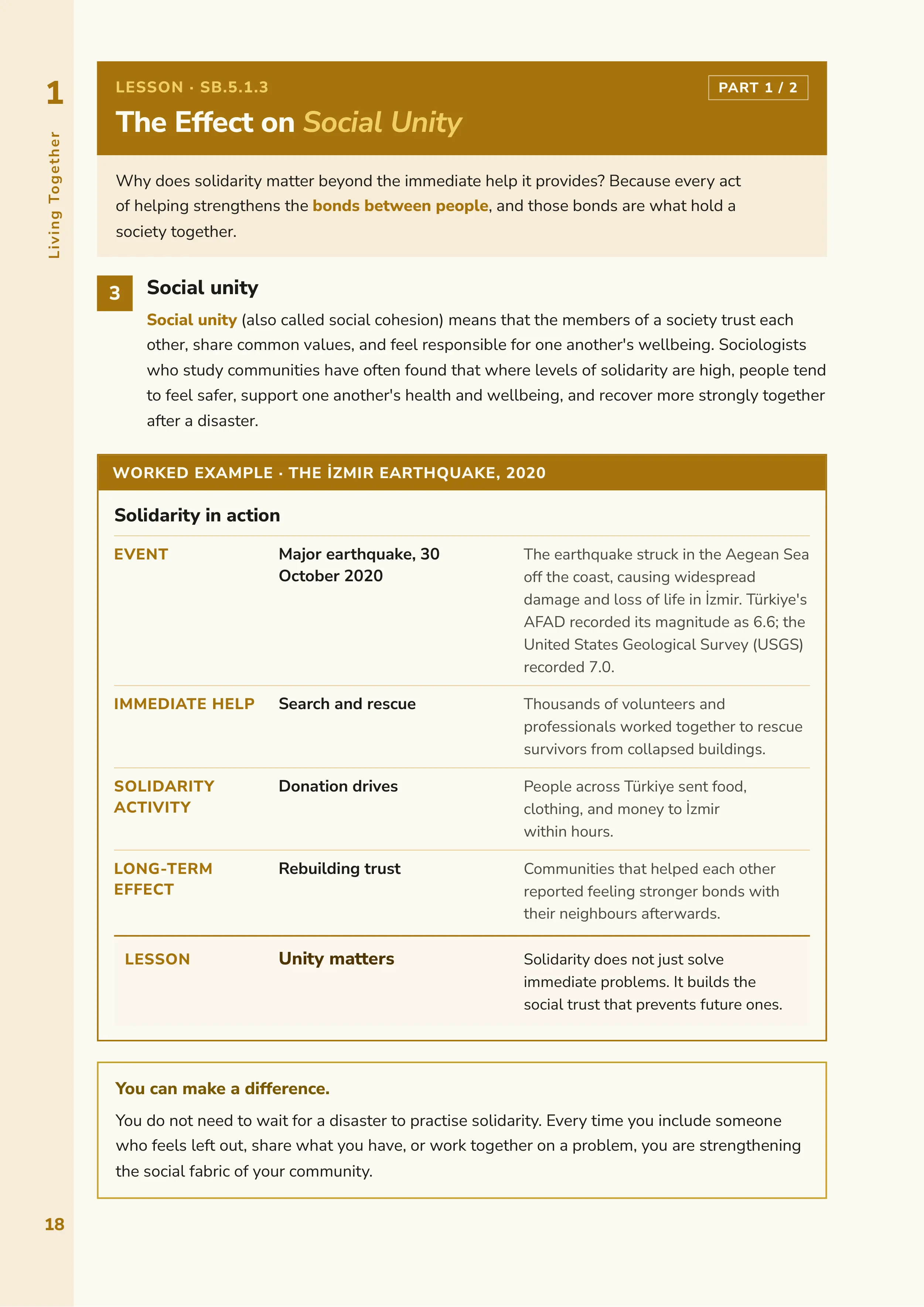 Social Studies lesson page on social unity with a worked example about the 2020 İzmir earthquake.