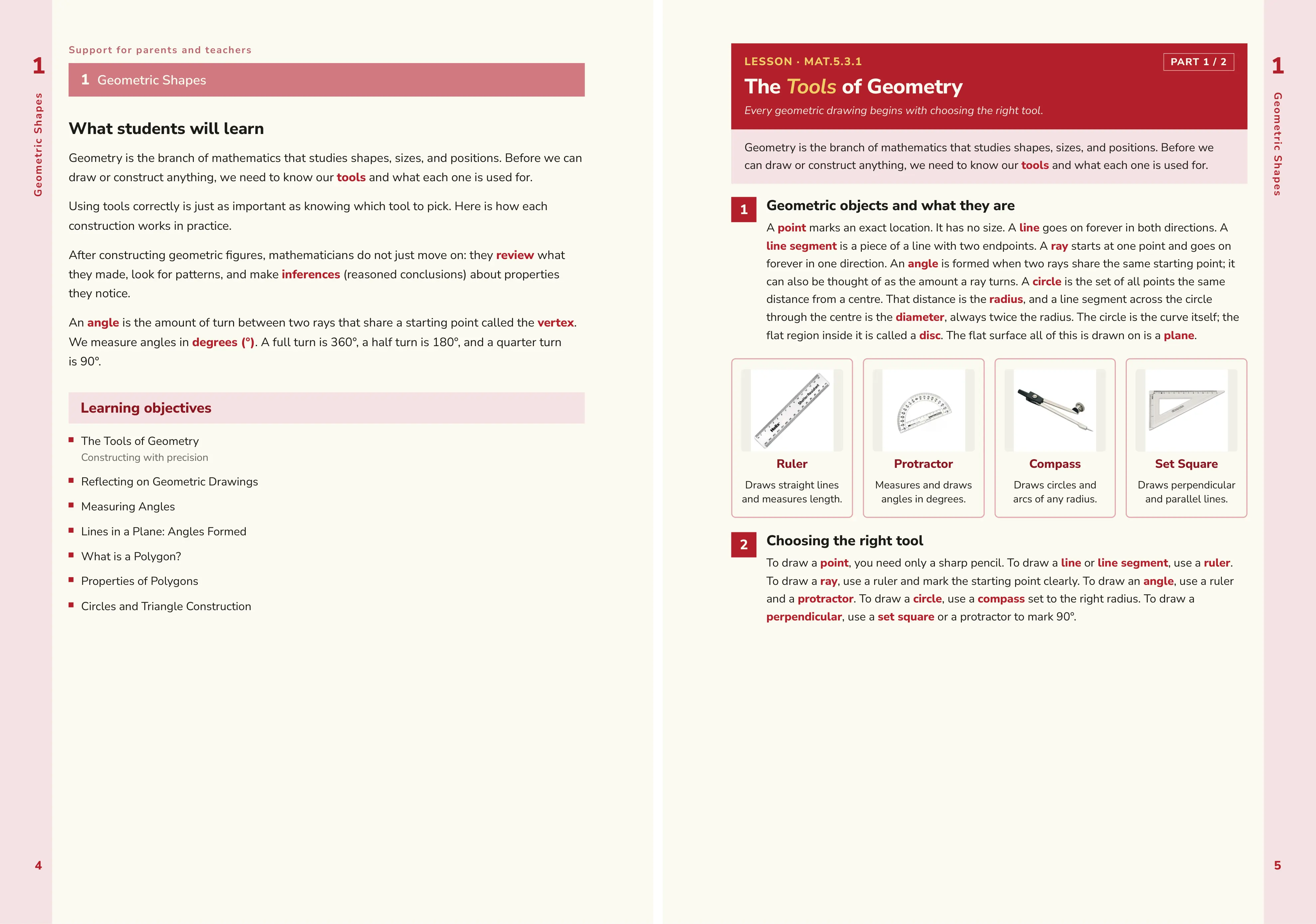 Two facing pages from a Year 5 Mathematics exercise book, a unit introduction beside a lesson page on the tools of geometry, rendered from the pipeline.
