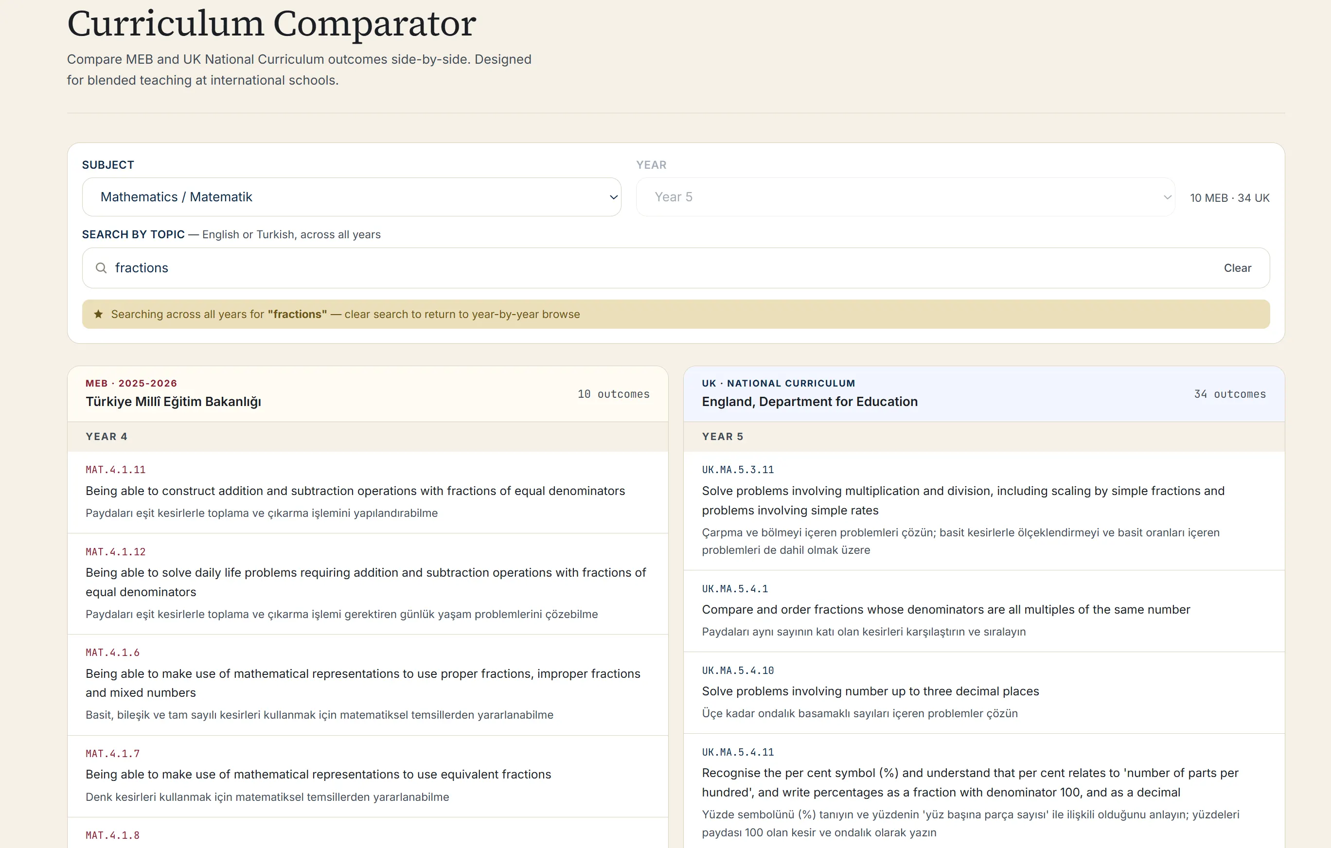 The curriculum comparator showing Turkish MEB outcomes on the left and England National Curriculum outcomes on the right for a search on fractions, each with its code and a translation.