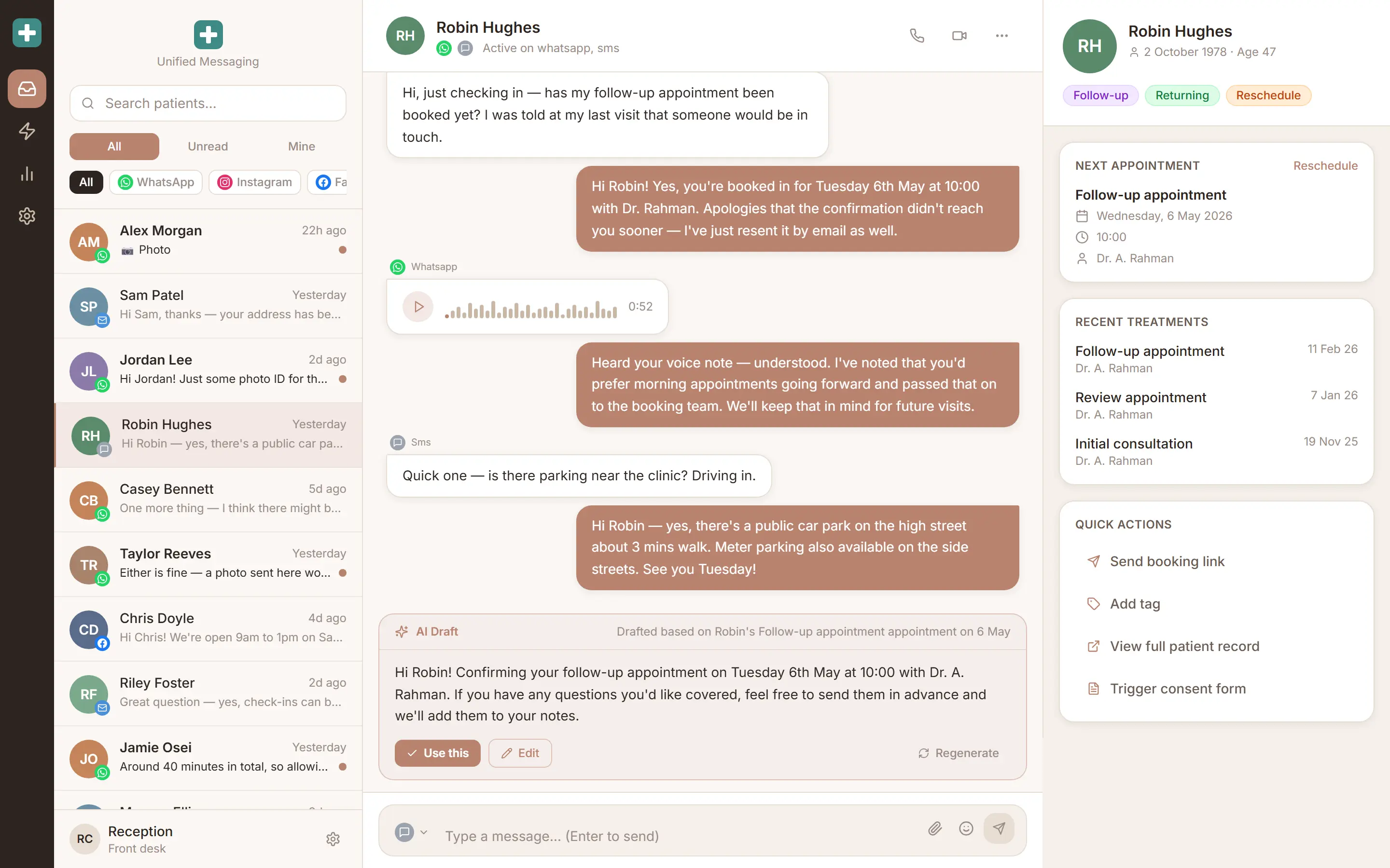 Three-column messaging inbox with a conversation list, a patient thread mixing WhatsApp and SMS messages, an AI-drafted reply awaiting approval, and a patient panel with the next appointment. All names and content are fictional.