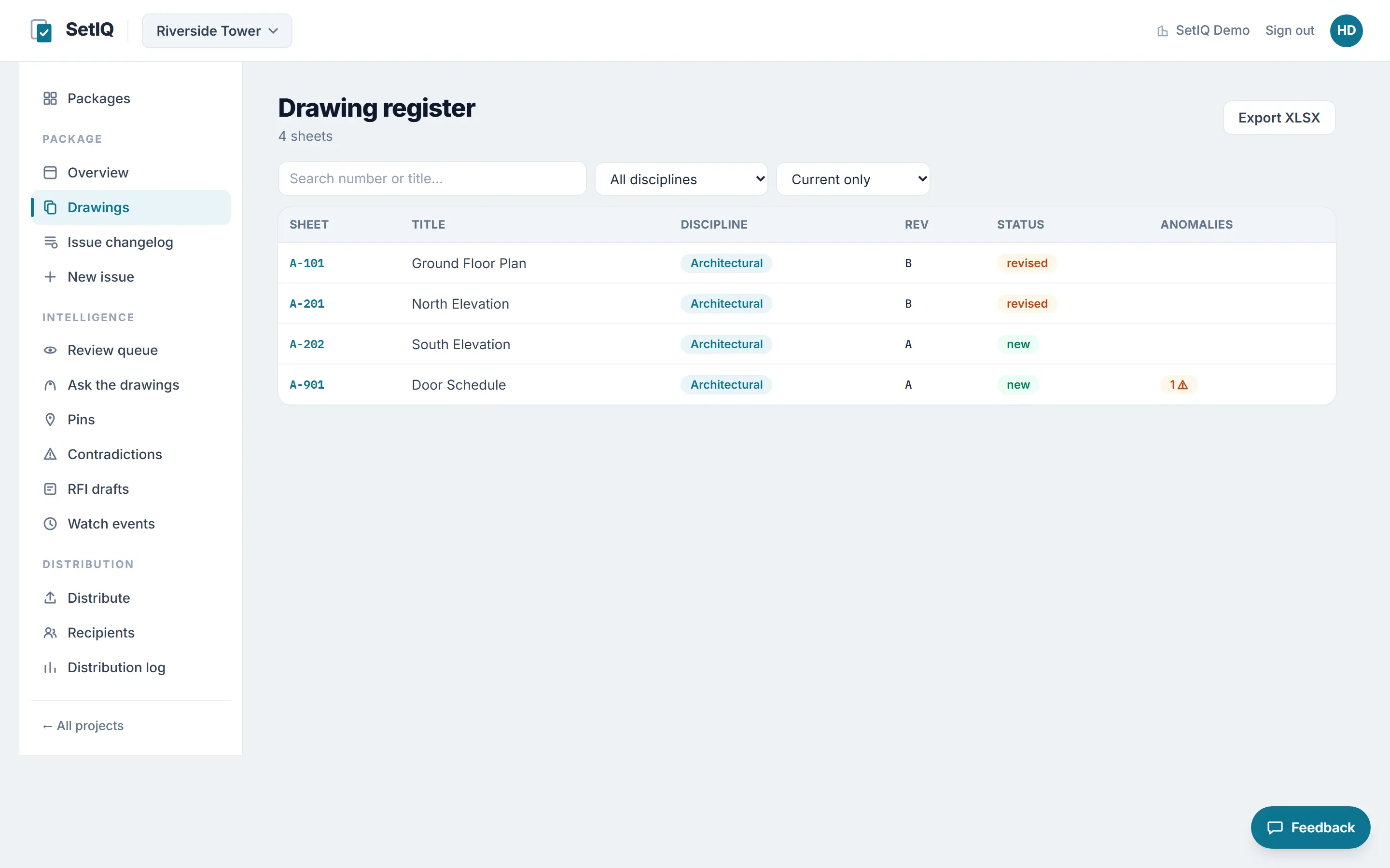 Drawing register table listing sample sheets with number, title, revision, discipline and supersession status.