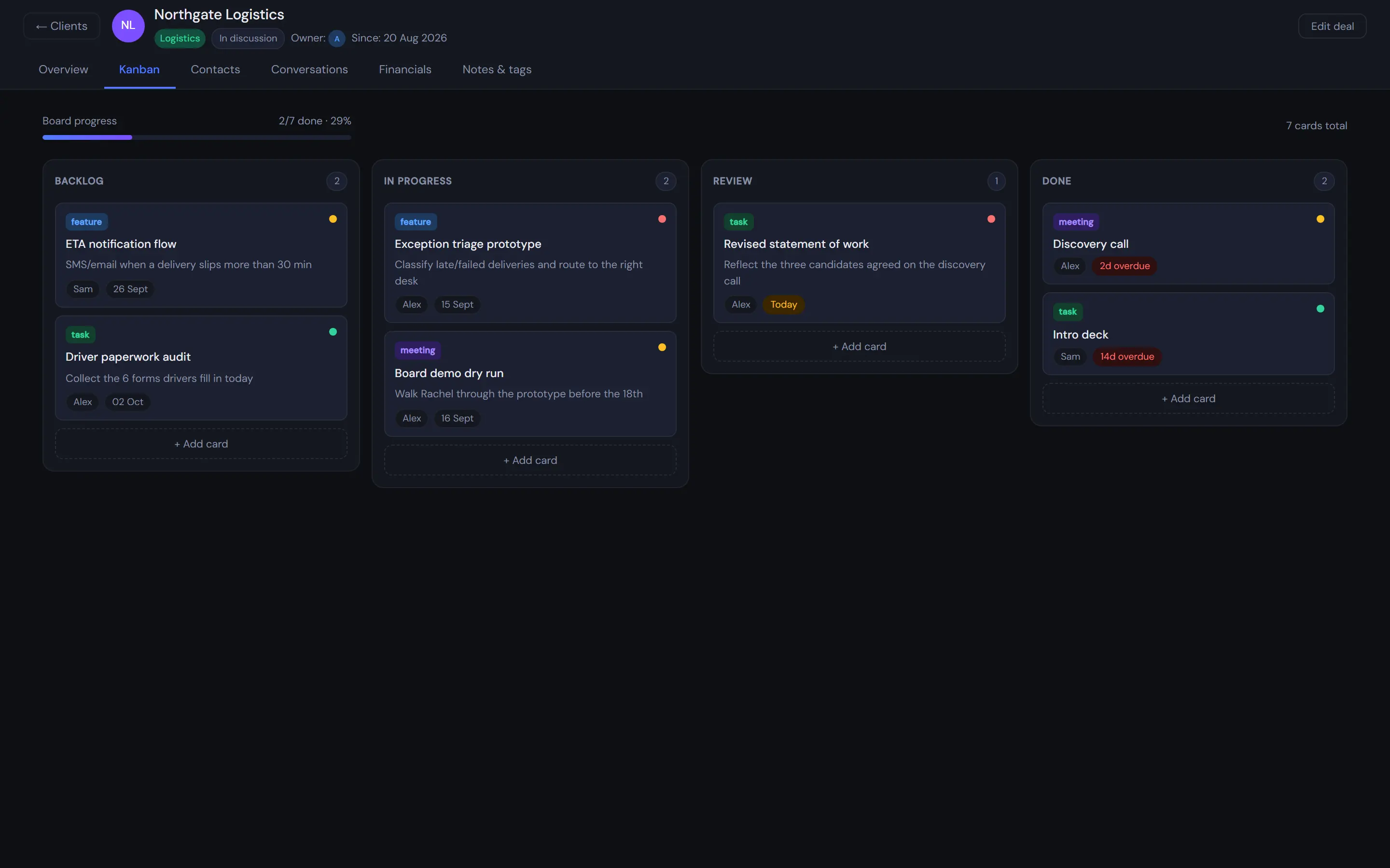 Client workspace for a fictional logistics company showing a per-client Kanban board with Backlog, In progress, Review and Done columns.