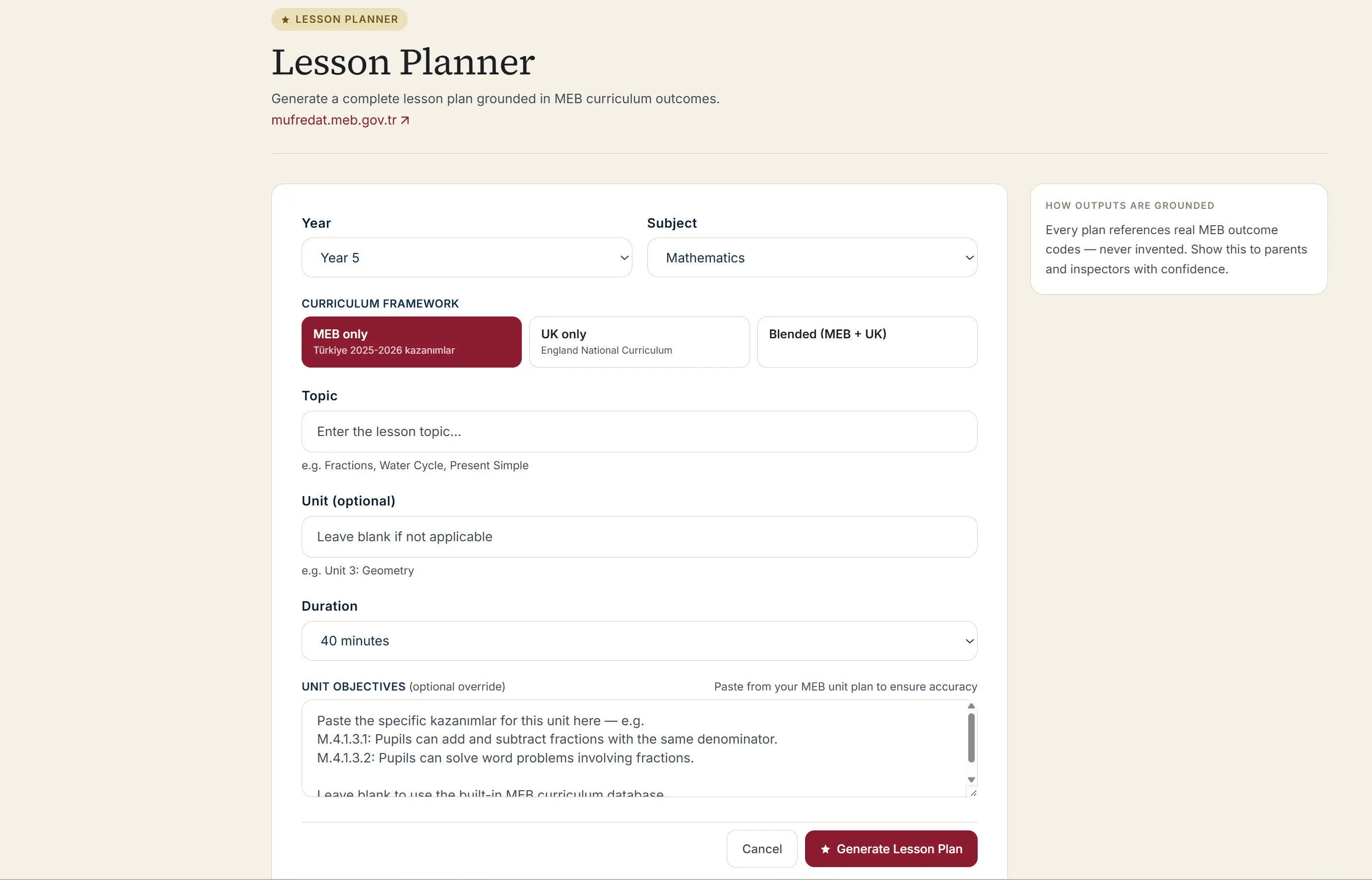 Lesson planner form with year, subject, curriculum framework options for MEB only, UK only or blended, topic, duration and an optional paste of unit objectives.
