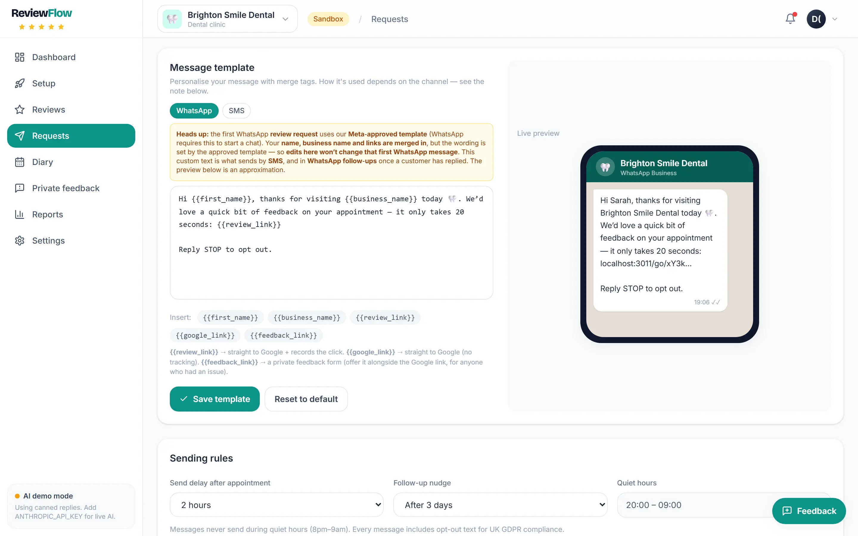 Message template editor with WhatsApp and SMS toggle, merge tags, a live phone preview and sending rules for delay, follow-up and quiet hours.