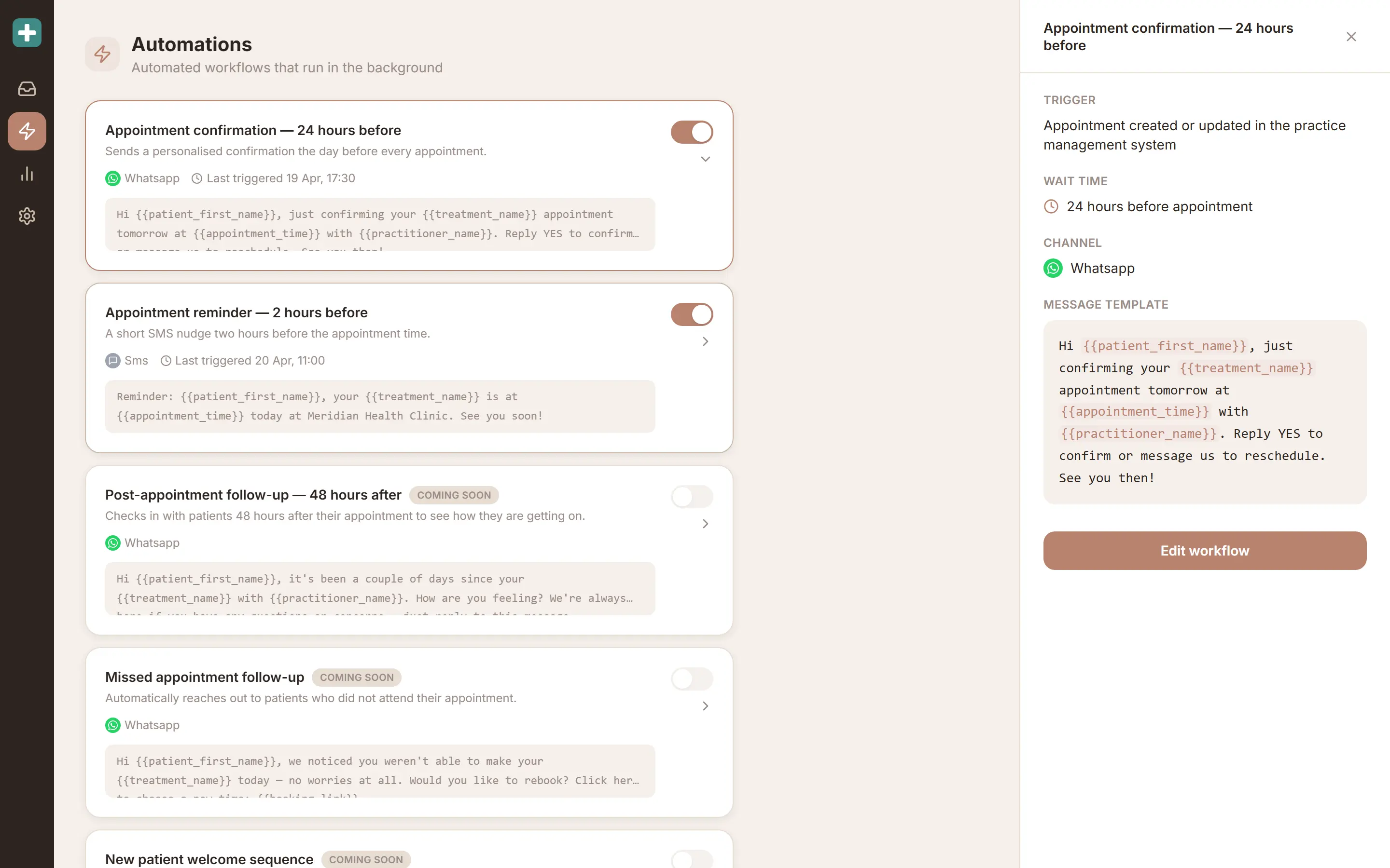 Automations screen with cards for appointment confirmation and reminder, and greyed-out cards for follow-up sequences marked coming soon.