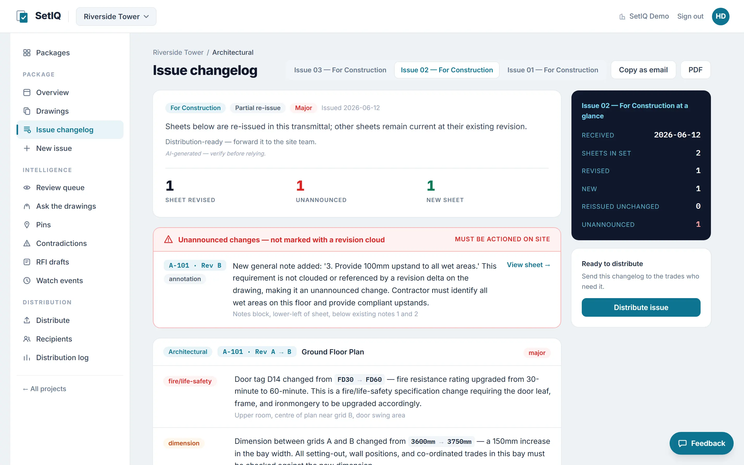 Issue changelog with a plain-English summary, statistics and a highlighted band of unannounced changes that were not marked with revision clouds.