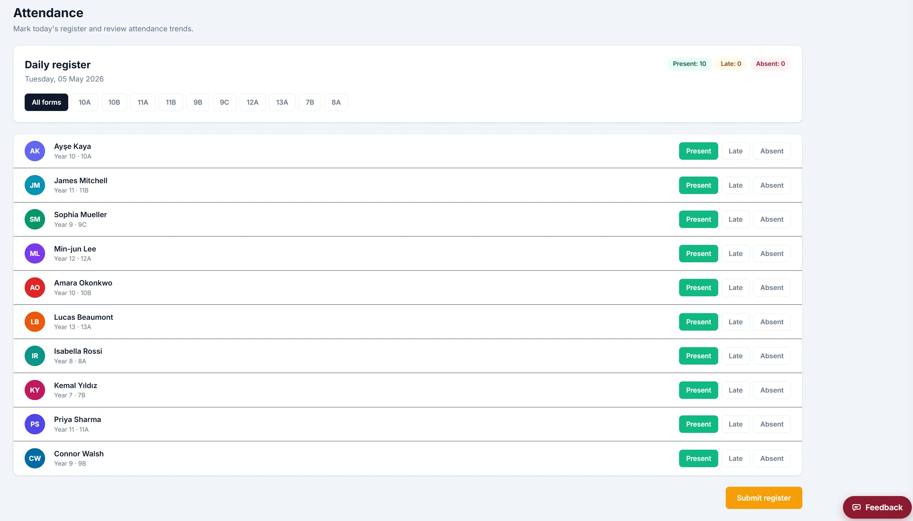 Daily register screen listing fictional pupils with Present, Late and Absent buttons.