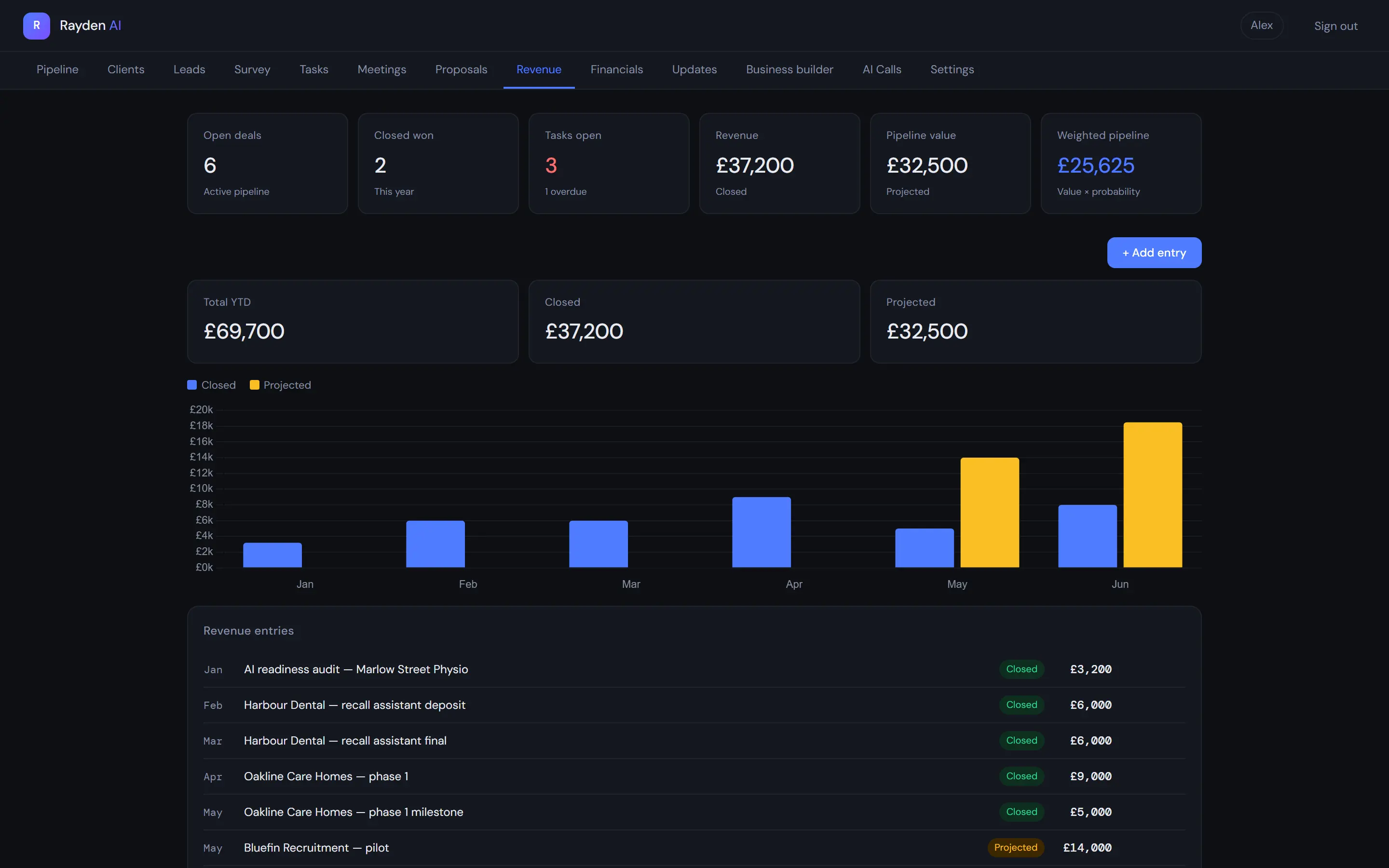 Revenue tab with a bar chart of monthly revenue and a table of entries.