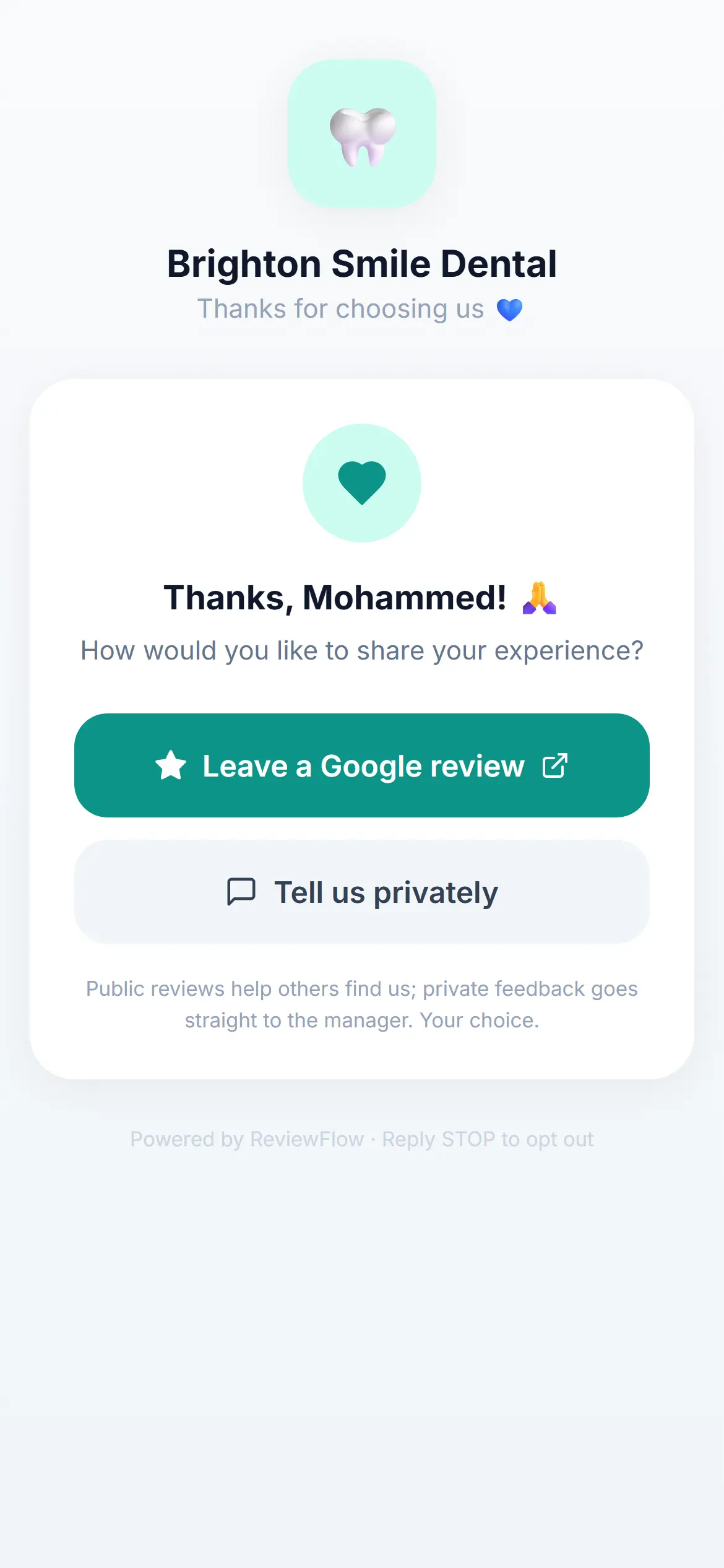 Mobile page for a fictional dental practice offering two equally sized buttons, Leave a Google review and Tell us privately.
