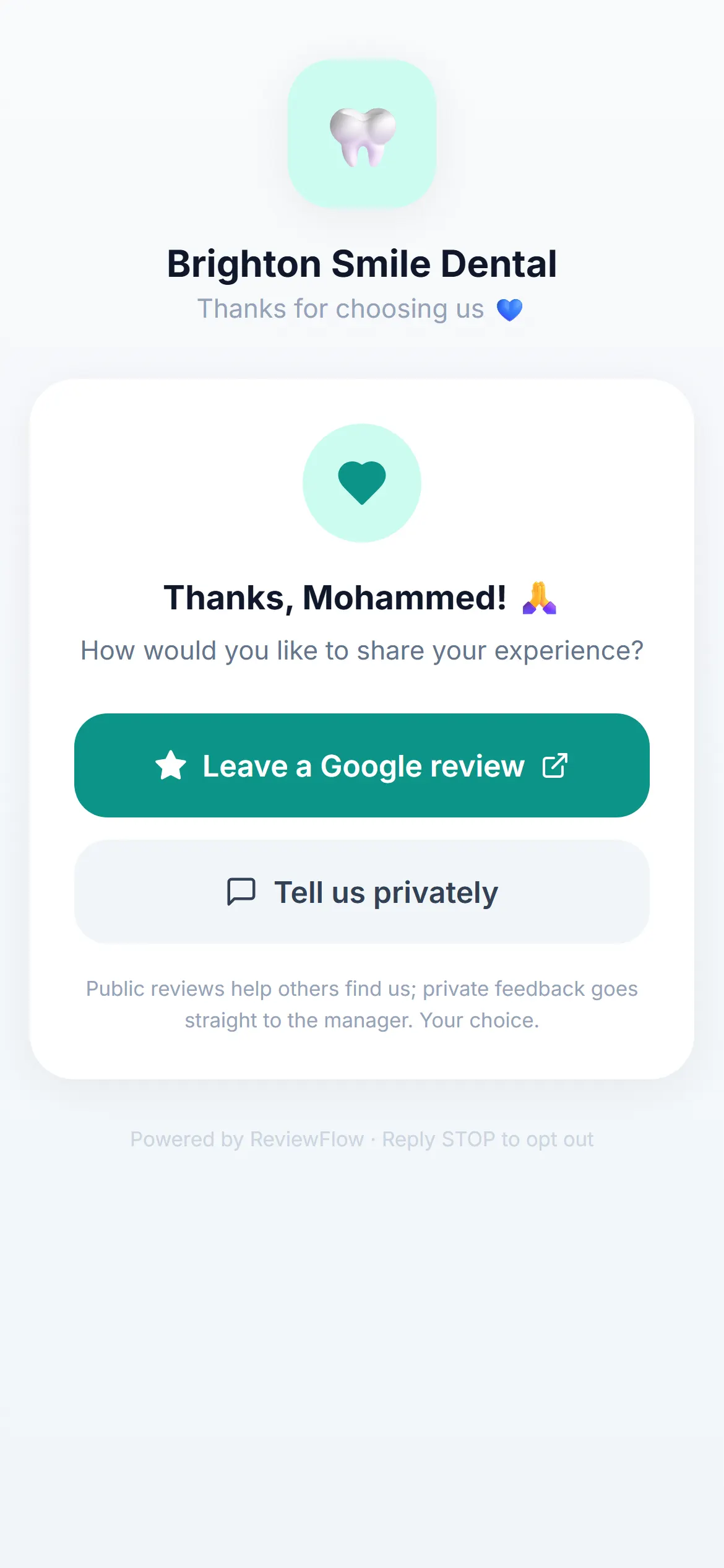 Mobile choice page offering a Google review or private feedback with equal weight.