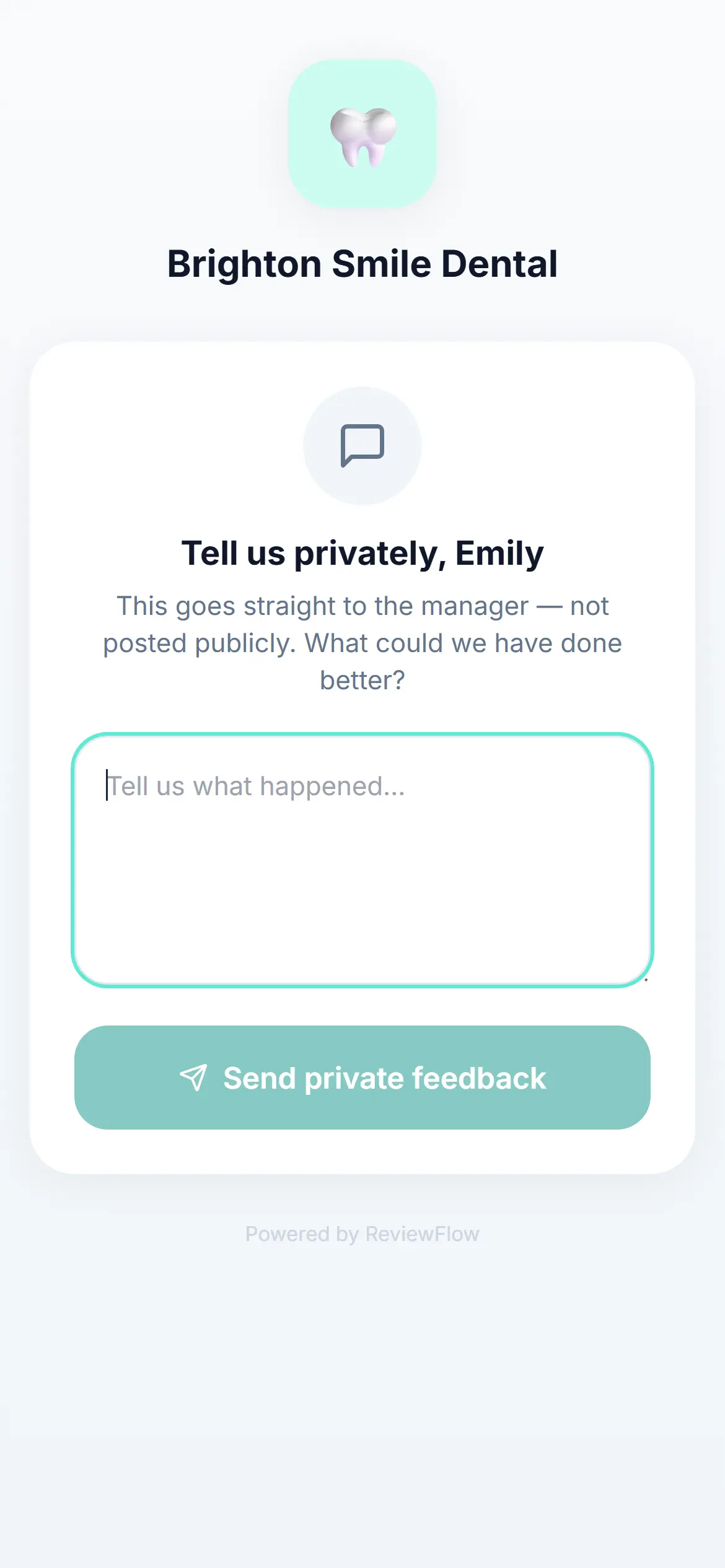 Mobile private feedback form addressed to a customer by first name with a text area and a send button.