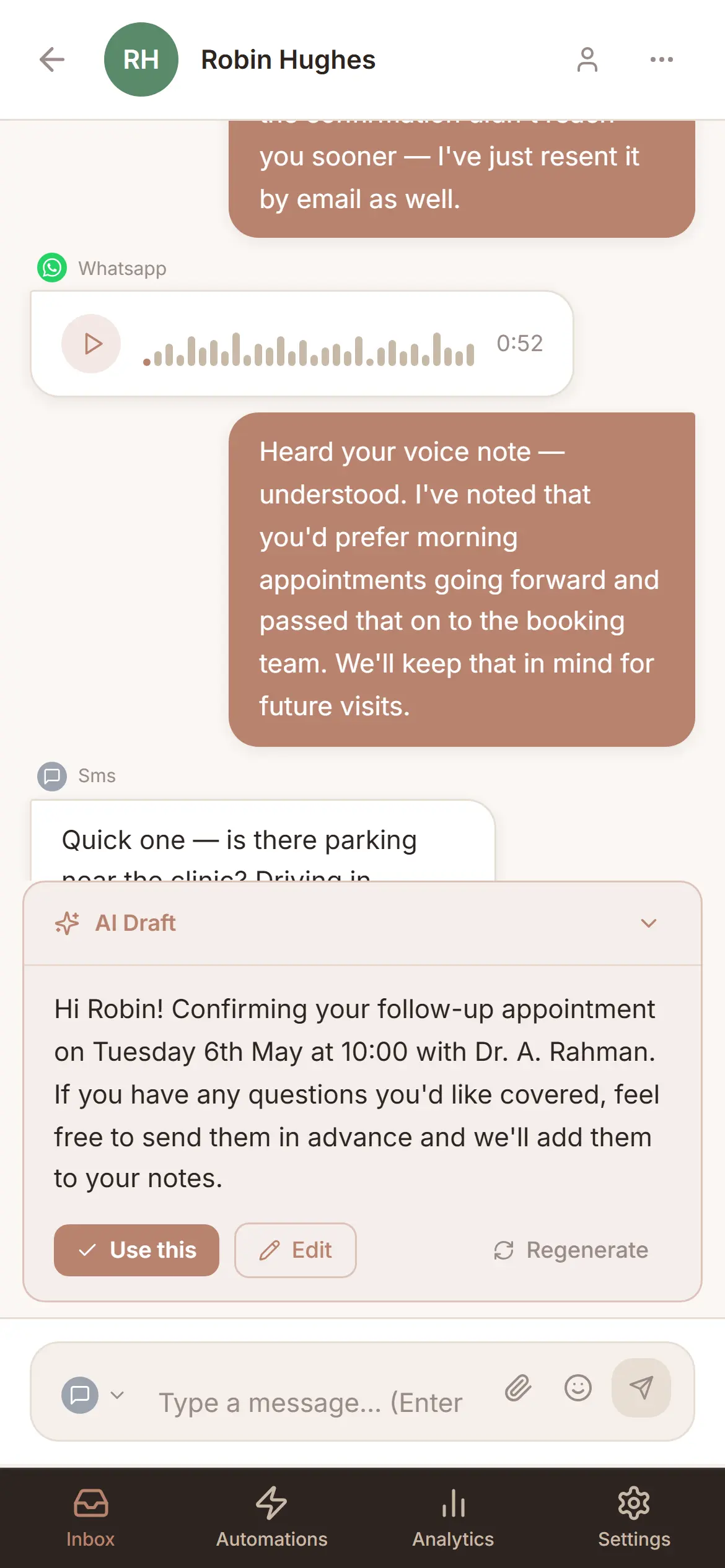 Mobile view of a single fictional patient thread with channel labels on each message.