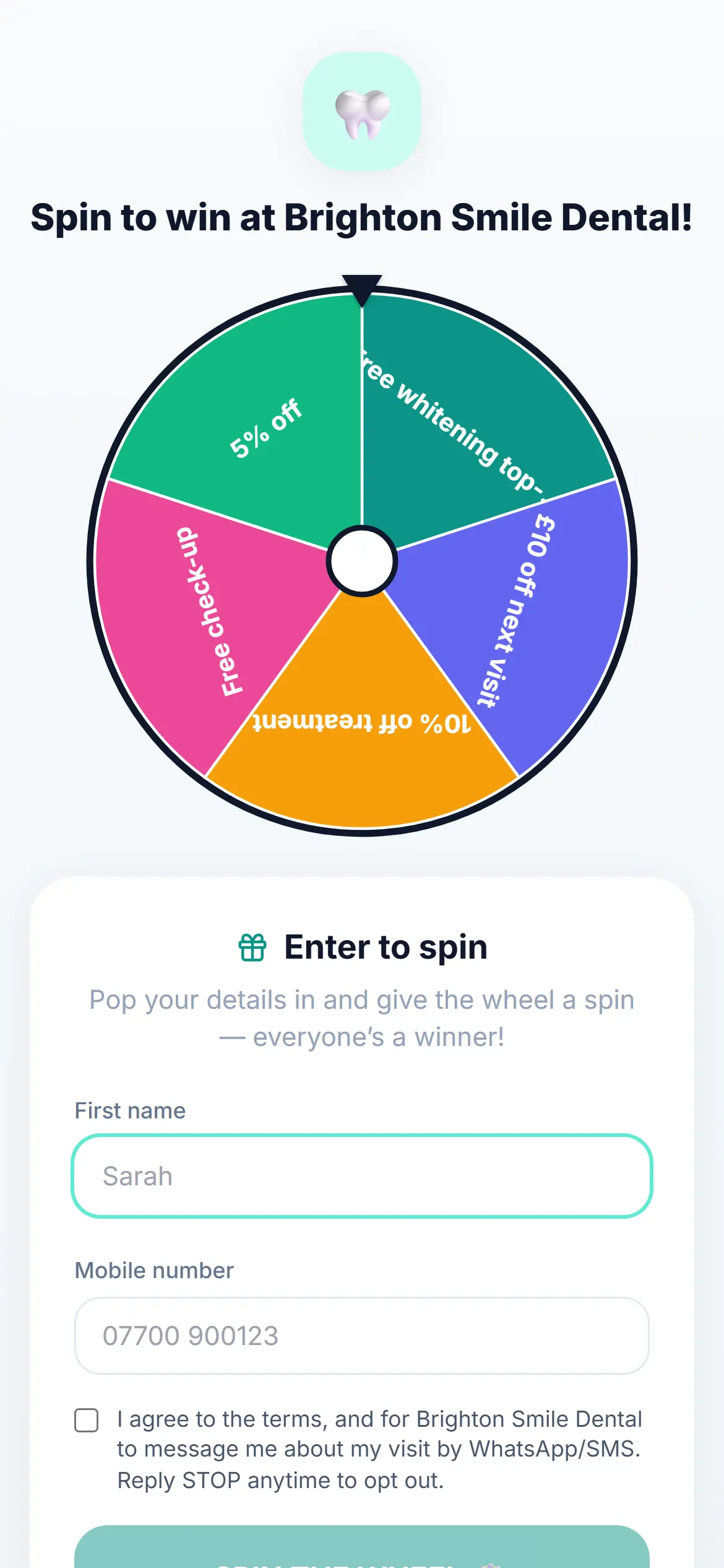 Public Scan-to-Spin page with a five-segment prize wheel and an entry form with a consent checkbox.