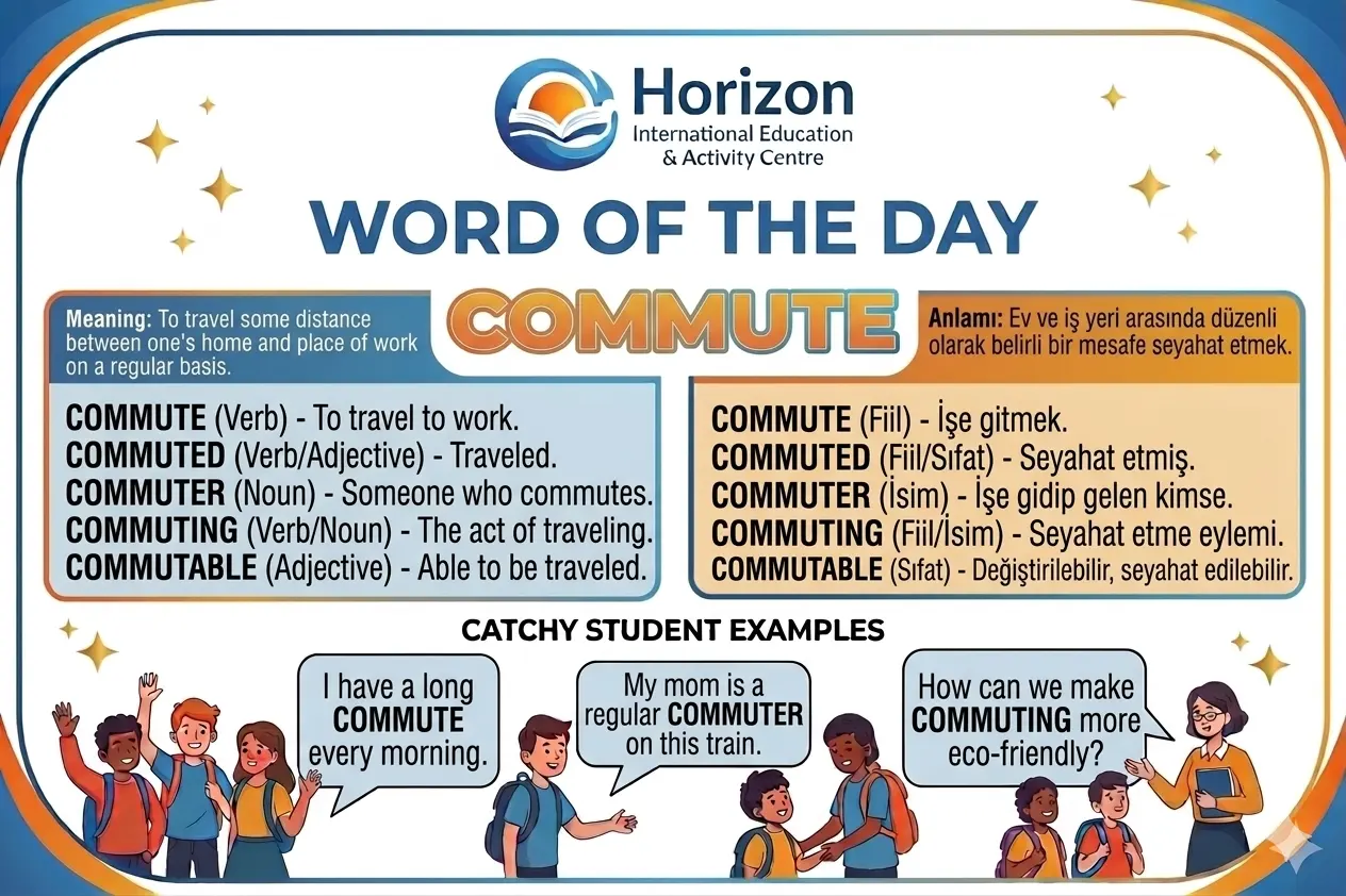 Word of the Day card for the word commute with English and Turkish meanings, word family and illustrated student examples.