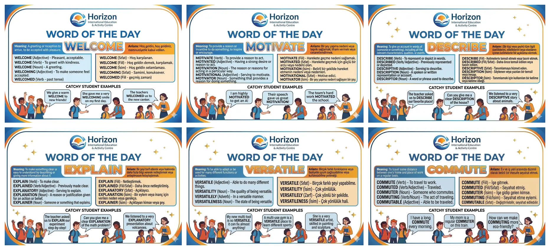 Six bilingual Word of the Day cards, each with the English meaning and word family on the left, Turkish on the right, and illustrated pupils using the word in sentences underneath.